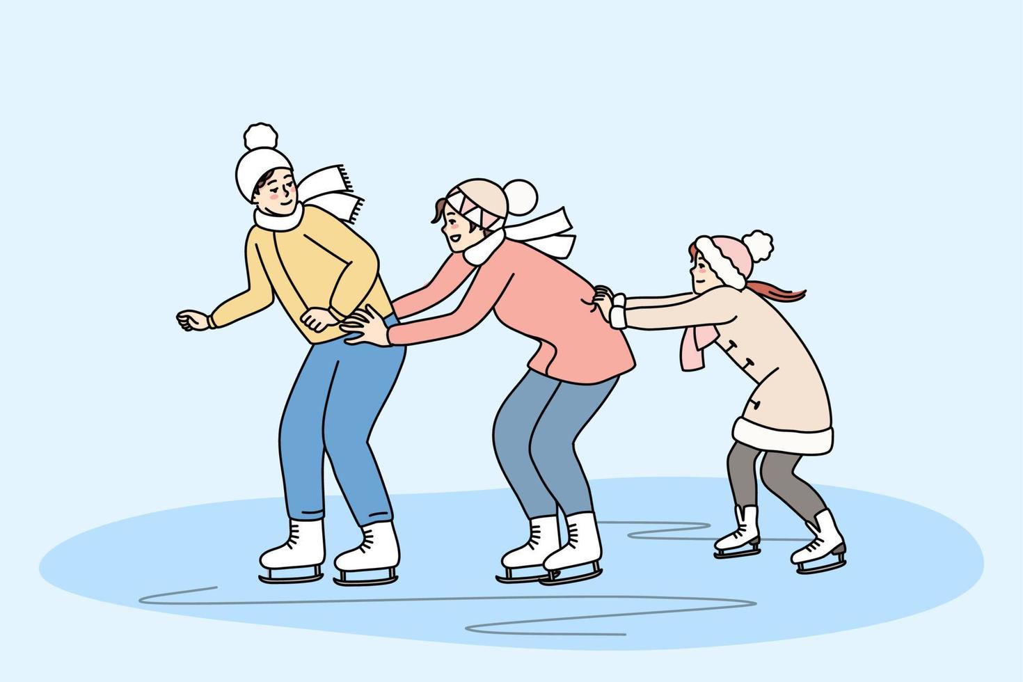 Happy family have fun skating on ice rink on winter holiday together. Smiling parents with child enjoy sport activity on weekend. Vector illustration.