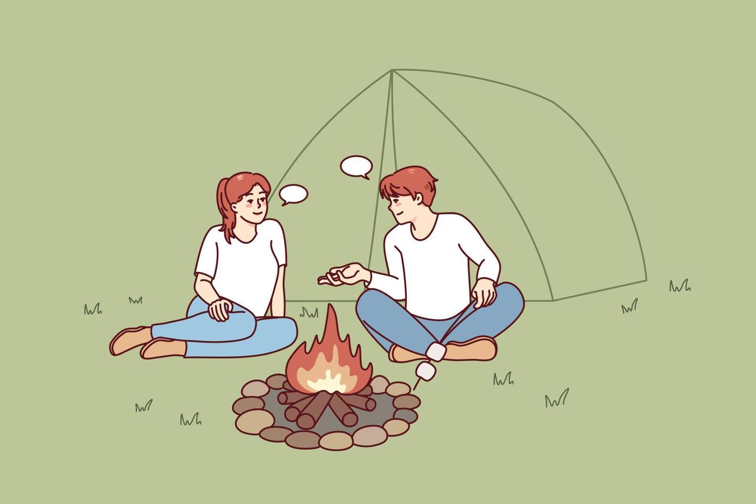 Happy man and woman sitting near campfire in forest. Smiling couple relax at wood camp near fire together. Nature recreation concept. Vector illustration.