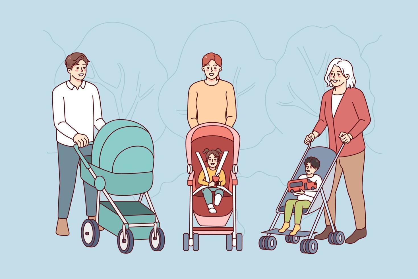 Parents with children in strollers walking in park. Happy mothers and fathers enjoy walk with small kids outside. Parenthood concept. Vector illustration.