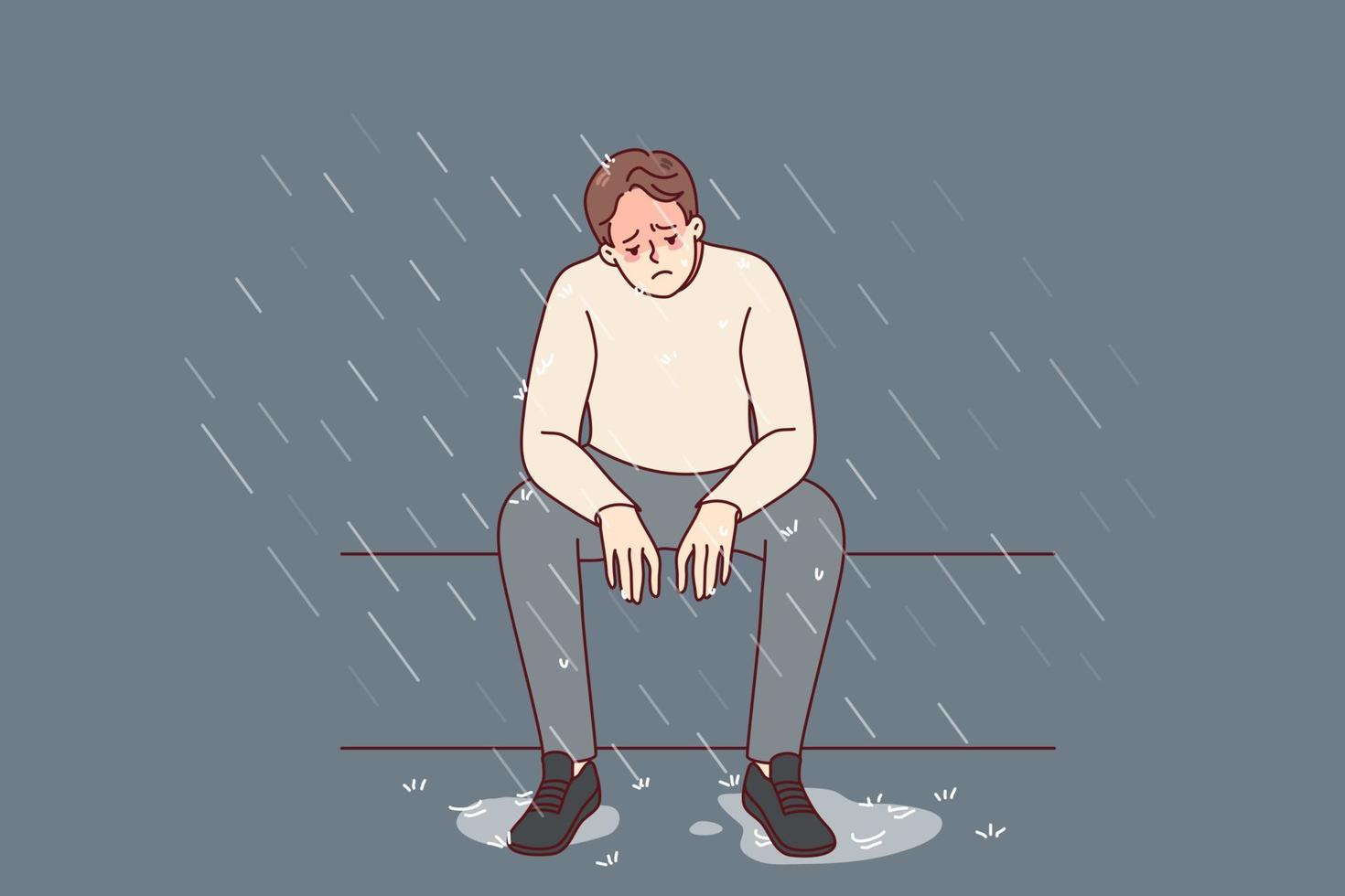 Unhappy man sitting on bench under rain feeling depressed and lonely. Sad male suffer from depression or mental problems. Stress and solitude. Vector illustration.