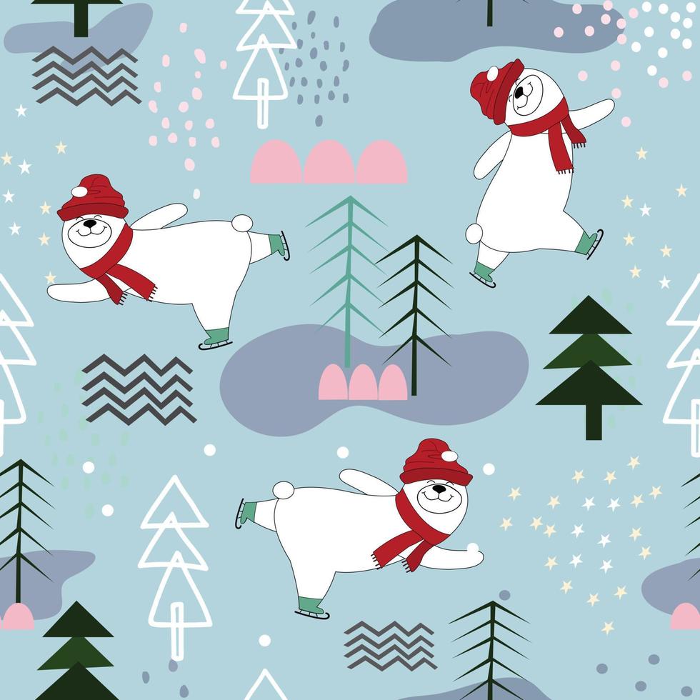 White teddy bear  having fun on winter forest seamless pattern vector