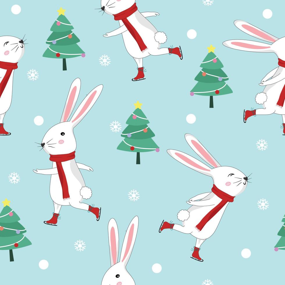Cute white rabbit bunny having fun on christmas day seamless pattern vector