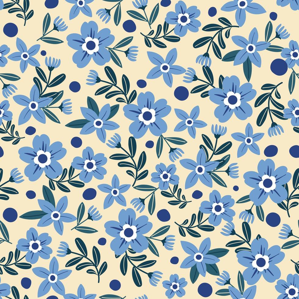 Blue blossom and green leaf with ornament seamless pattern vector