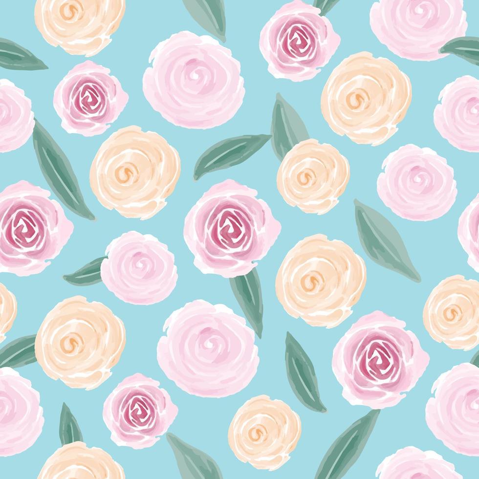 Water color rose flower with green leaf seamless pattern vector