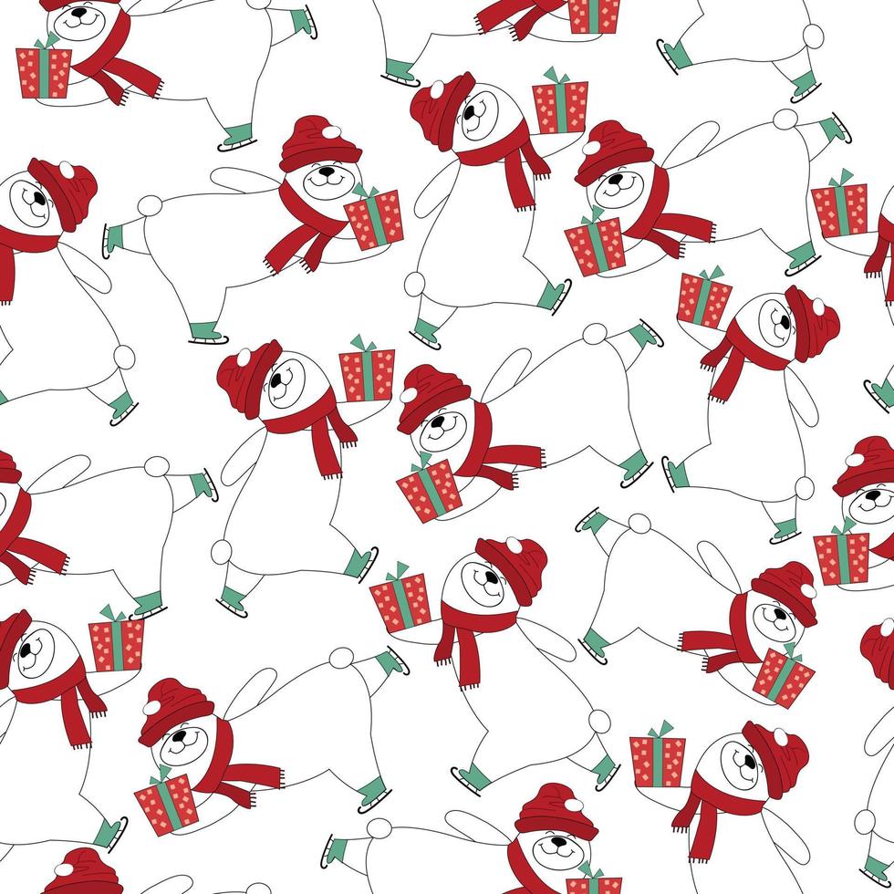 Cute teddy bear having fun on christmas day seamless pattern vector