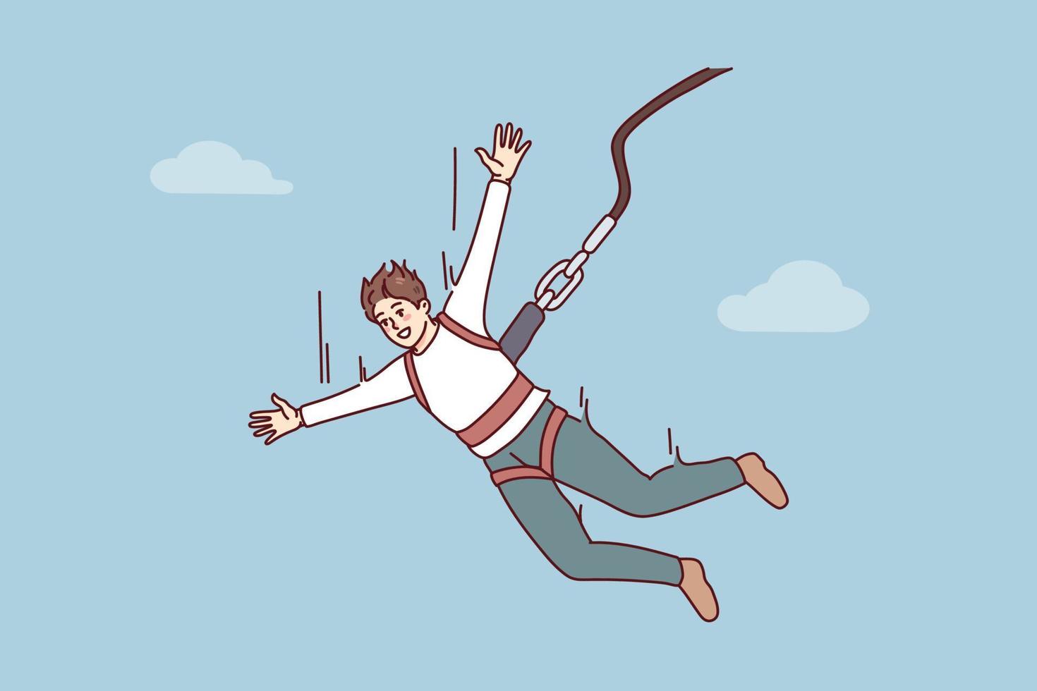 emocionado joven hombre saltando con paracaídas. sonriente chico disfrutar extremo deporte con cuerda saltando vector ilustración.