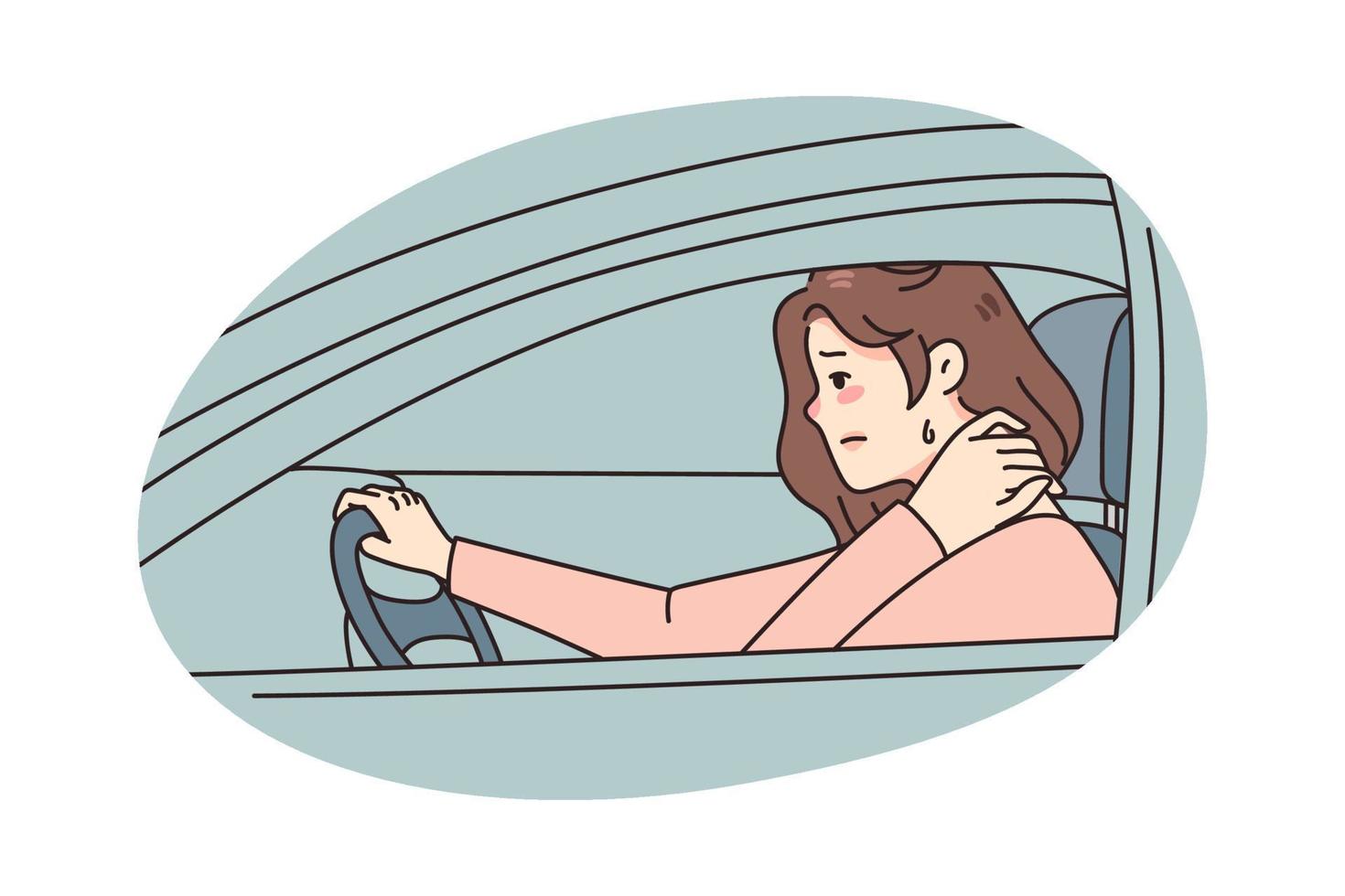 Unhealthy woman driving suffering from neck spasm from sedentary position. Unwell tired female driver struggle with backache or pain, have muscle strain. Flat vector illustration.
