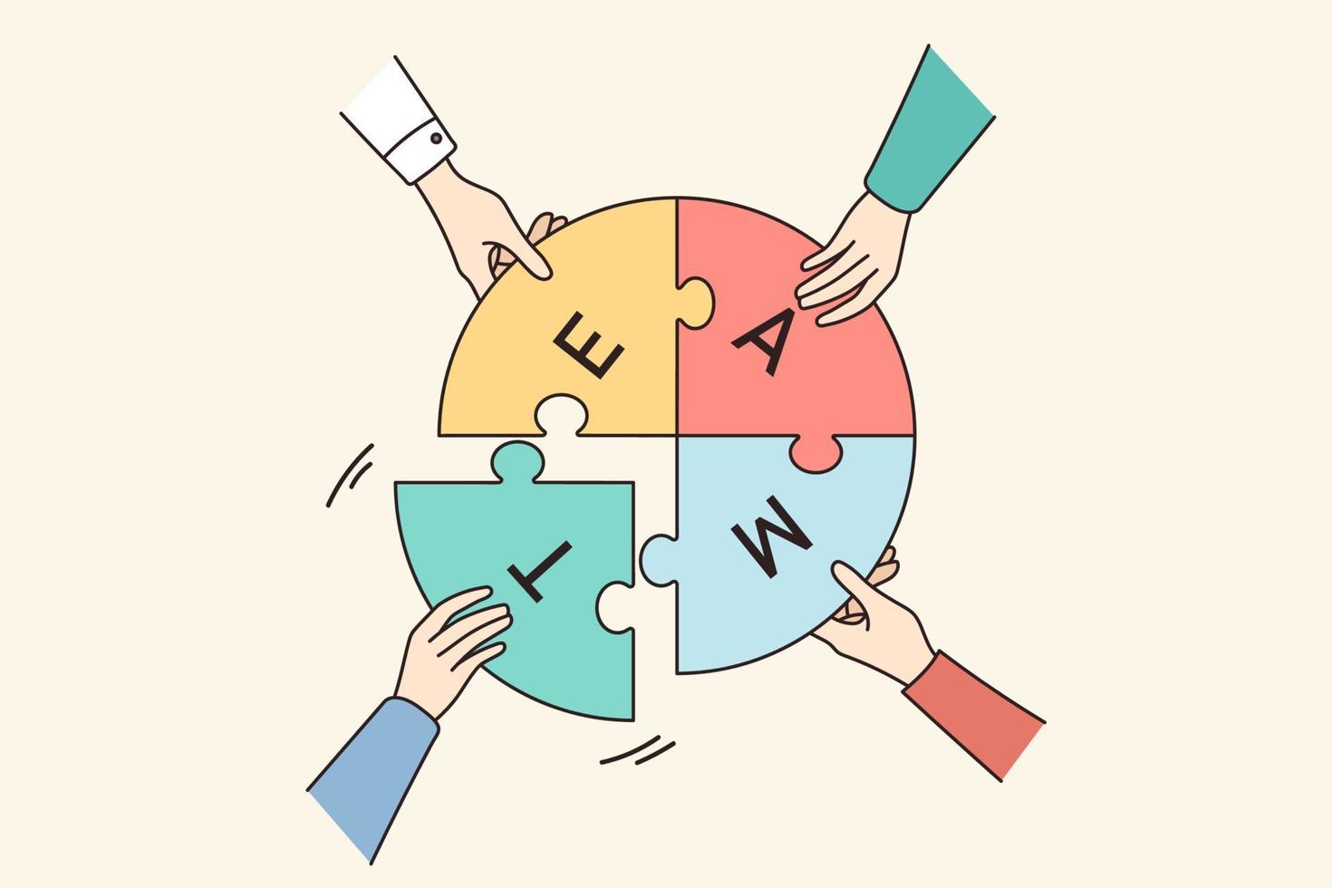 Top view closeup of businesspeople take part of jigsaw puzzle show team unity and motivation for success. Diverse employees participate in teambuilding. Teamwork concept. Vector illustration.