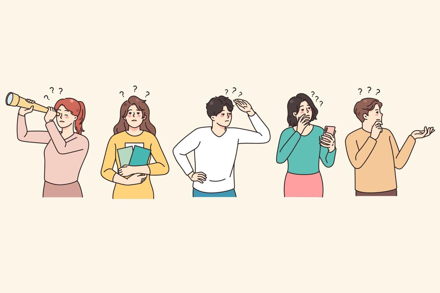 Diverse people with binoculars and spyglass feel confused looking for problem solution. Men and woman frustrated with dilemma, solving business trouble together. Vector illustration.