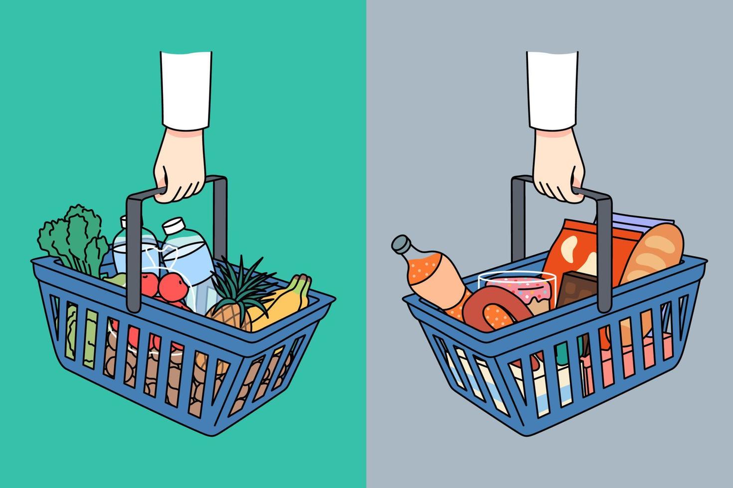 compras cestas con sano y insalubre alimento. nutritivo saludable y perjudicial basura comida elección. malo y bueno tienda de comestibles abundancia. plano vector ilustración.