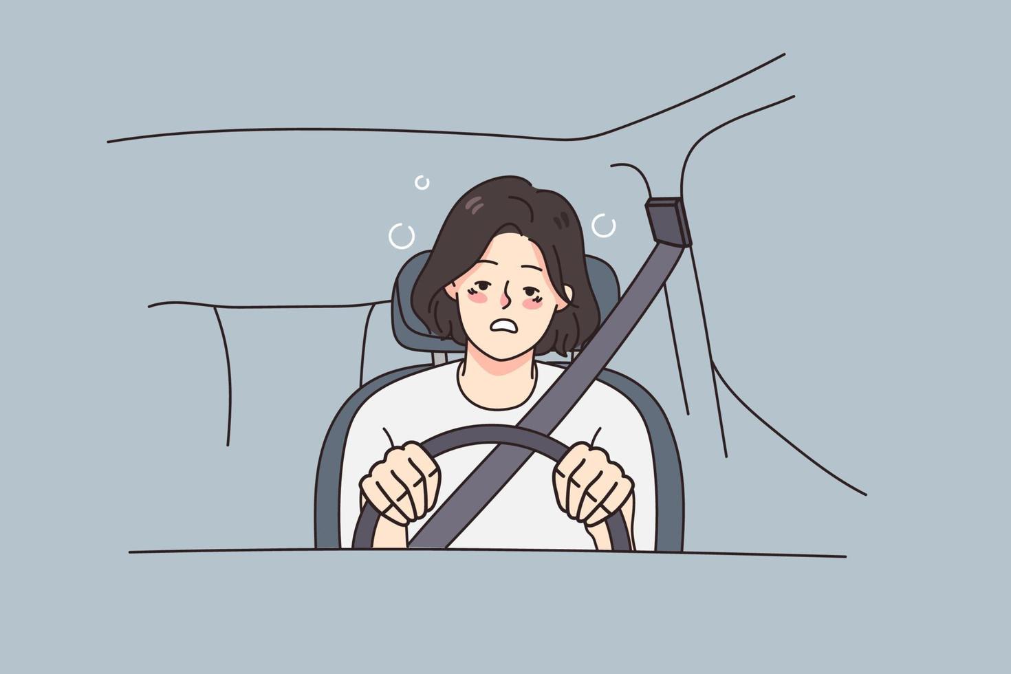 Tired young woman driving car feeling unwell suffer from health problems. Exhausted female driver struggle with depression or burnout, have physical or mental issues. Vector illustration.