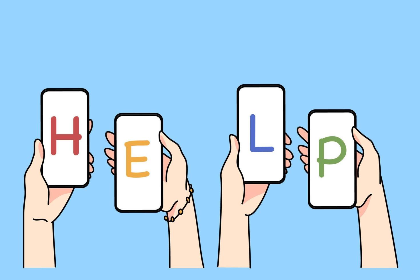 Diverse people hold smartphones with text help ask for emergency aid from online community. Person hands with cellphones beg assistance on social media. Solidarity and volunteer. Vector illustration.