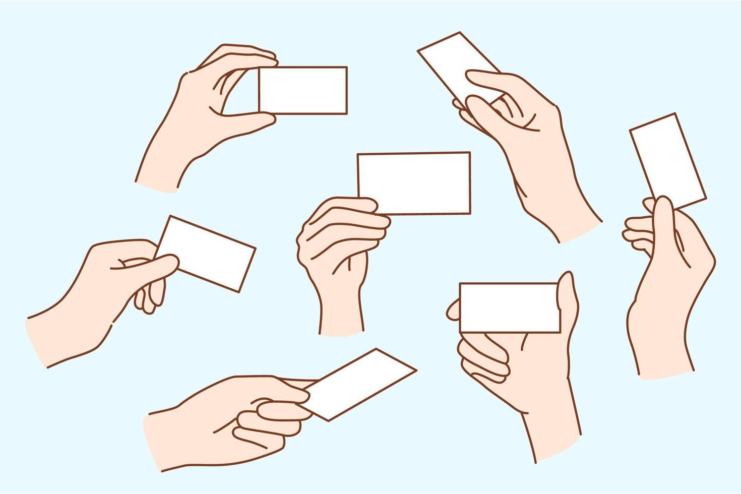 Set of person hands stretch hand offer mockup business card to client or customer. Collection of people give contact suggest businesscard. Introduction and acquaintance. Vector illustration.