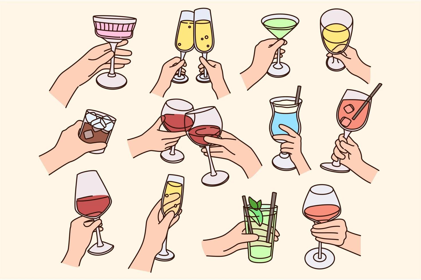 Set of people with clink glasses drink cocktails celebrate party together. Collection of persons enjoy celebration say cheers toast at festive event. Flat vector illustration.