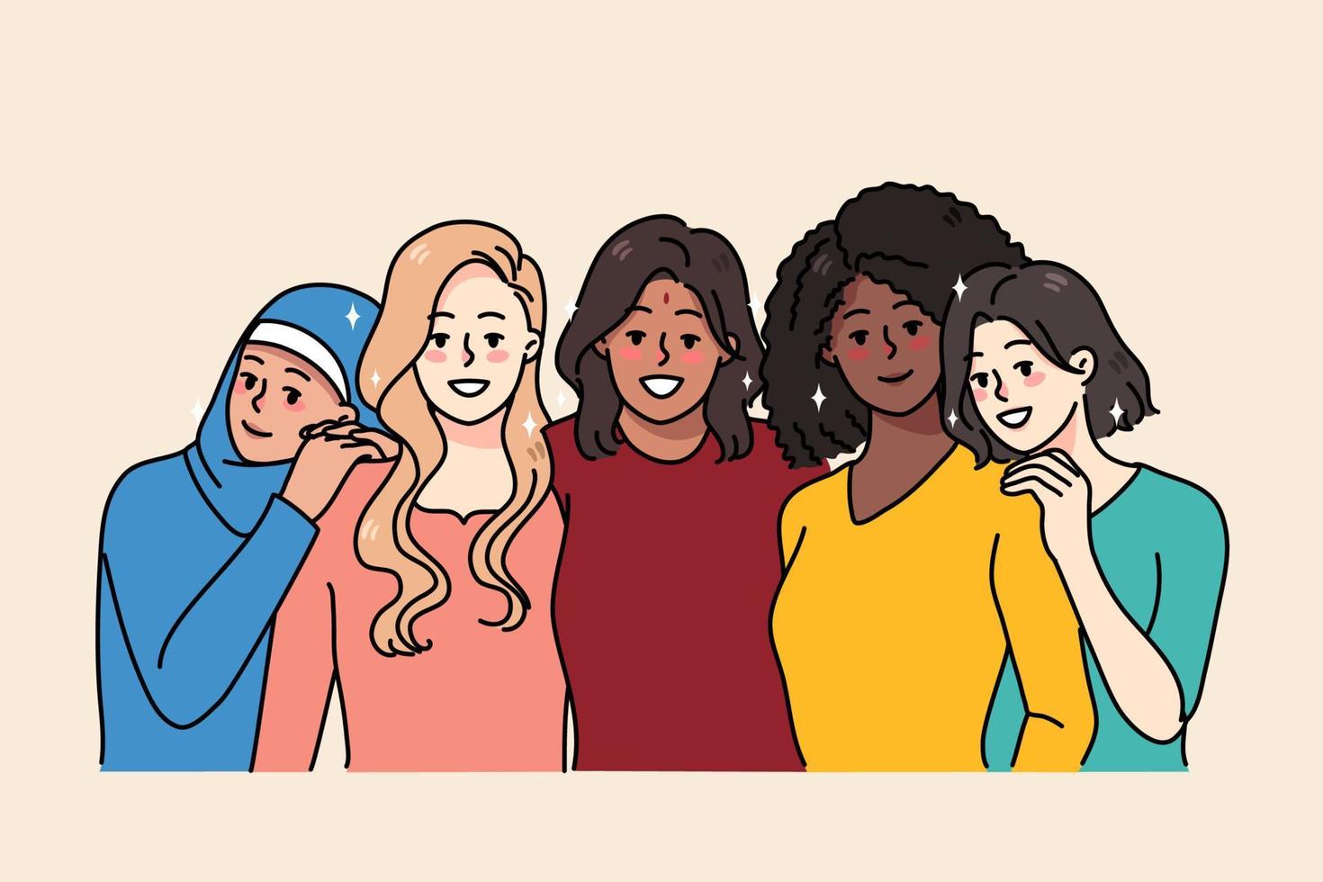 Portrait of happy diverse multiethnic girlfriends hug show unity and care. Smiling multicultural women friends demonstrate diversity. International friendship and equality. Vector illustration.