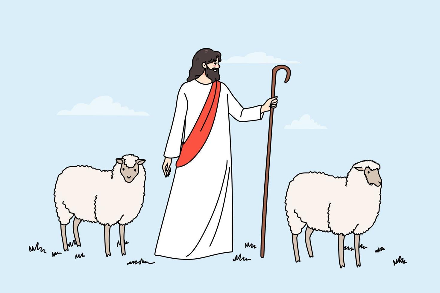 Jesús Cristo y corderos caminar en campo. bíblico historia de Jesús como pastor. concepto de religión y fe. religioso escena, superstición y creencia. plano vector ilustración, dibujos animados personaje.