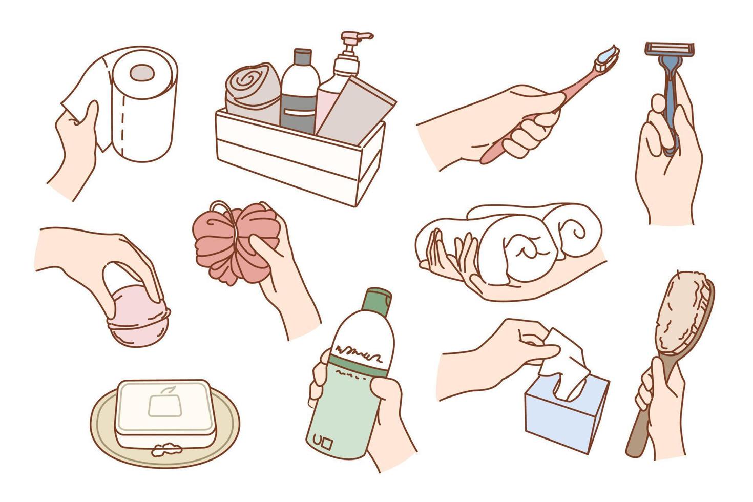 conjunto de persona con belleza productos hacer diario cuerpo y cara rutina en baño. colección de hombre y mujer con baño esenciales preformar Mañana higiene. plano vector ilustración.