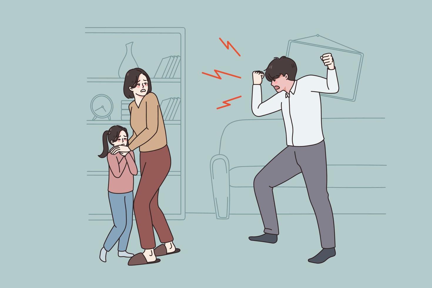 Furious father cream yell at wife and child at home. Scared terrified woman and kid frightened by angry dad shouting. Domestic violence and family problems. Flat vector illustration.