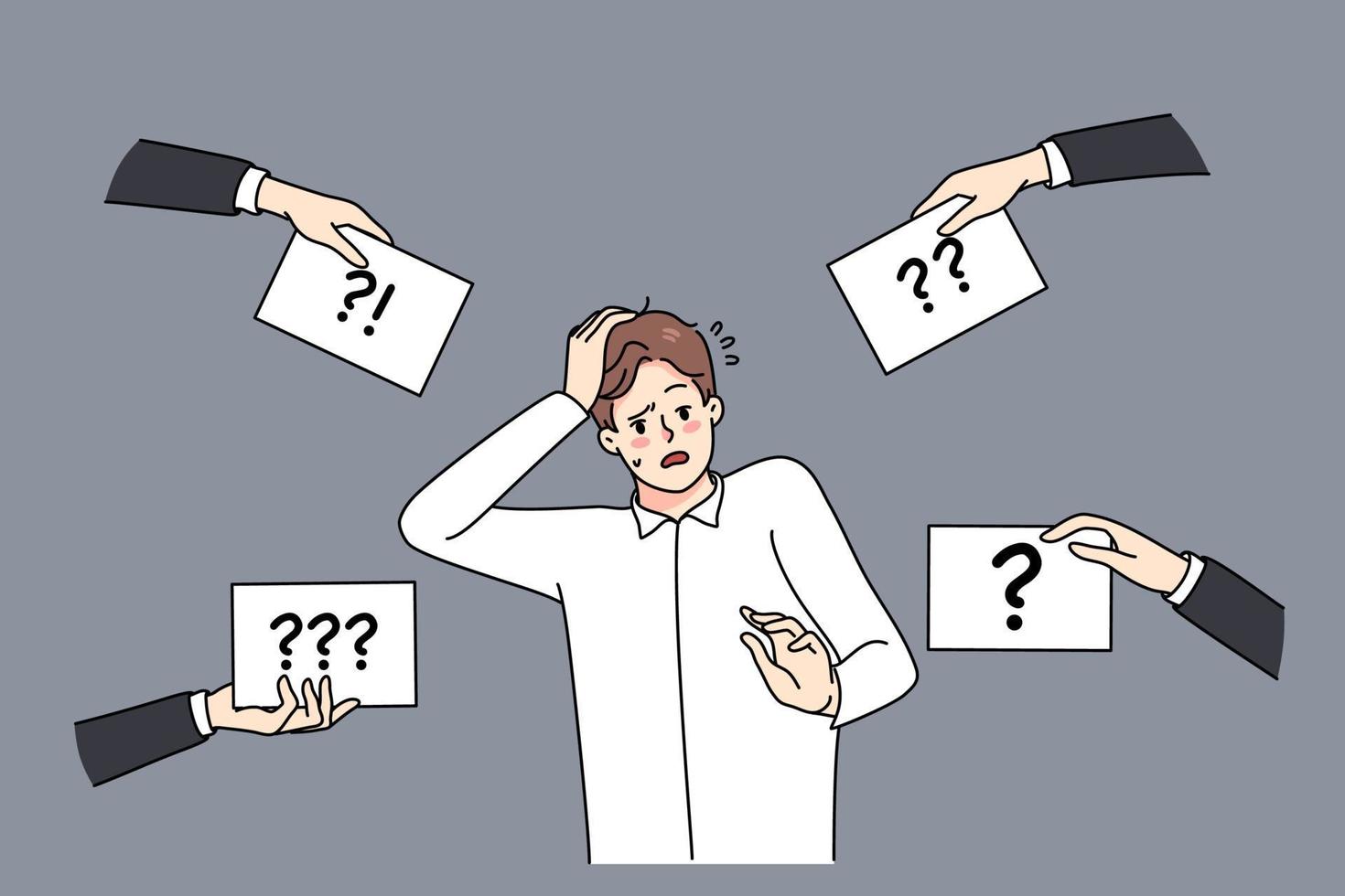 Confused young man with question marks around winder about problem solution. Frustrated guy feel confusion think about solving issue. Dilemma and frustration. Vector illustration.