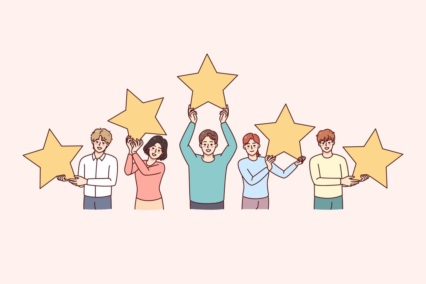 personas participación estrellas dar cliente realimentación a malo o bueno calidad servicio. hombres y mujer Velocidad con estrella. cliente opinión y elección. vector ilustración.