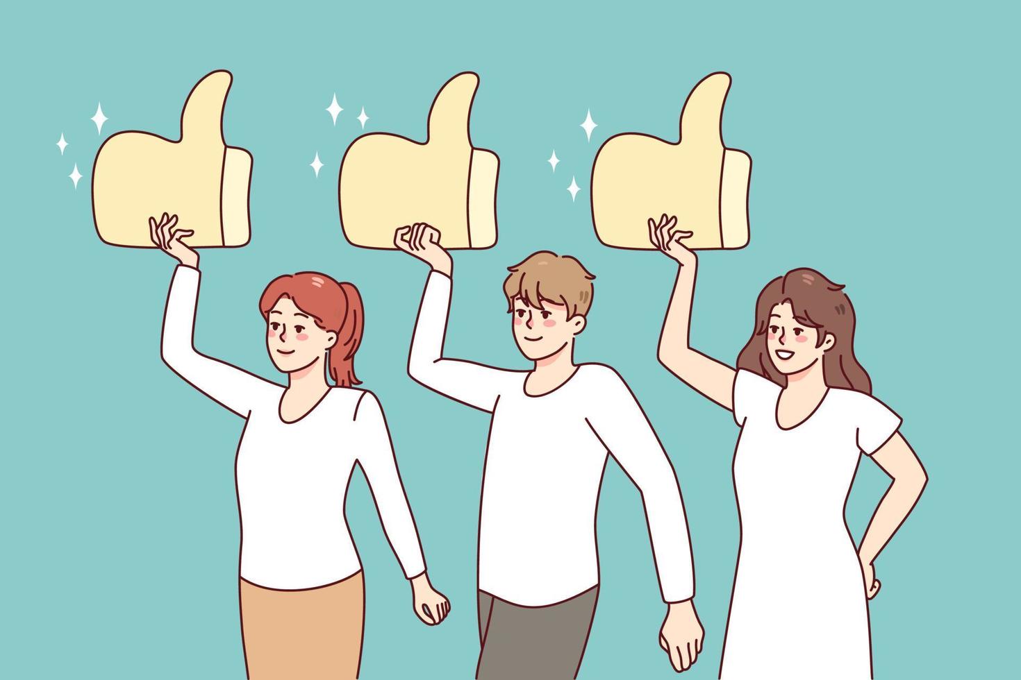 Diverse people holding huge like signs, giving good review to service. Clients or customers rate showing satisfaction. Feedback concept. Vector illustration.