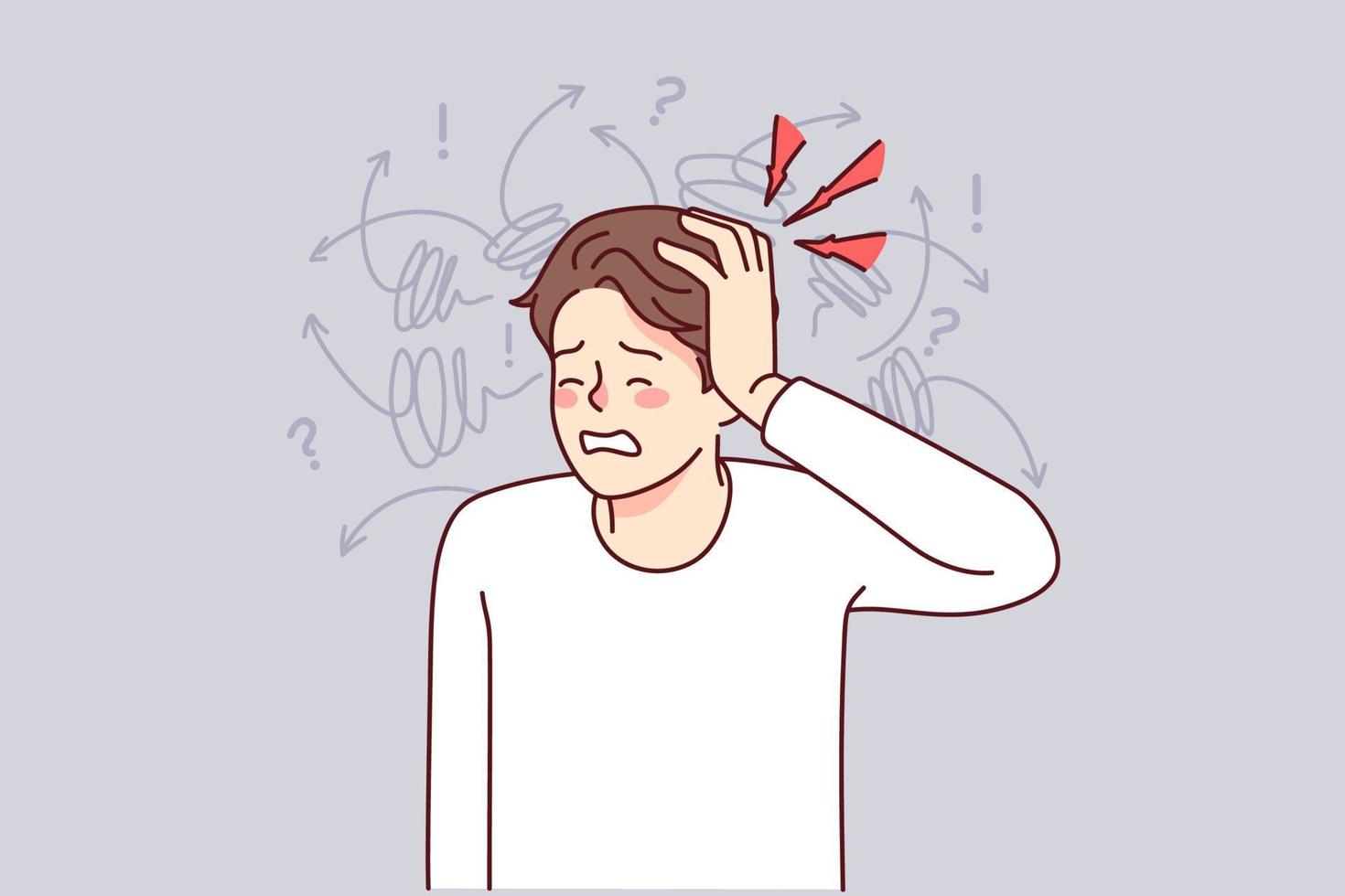 Unhealthy man suffer from headache or migraine. Unwell guy struggle with dizziness or blurry vision. Health problems. Vector illustration.