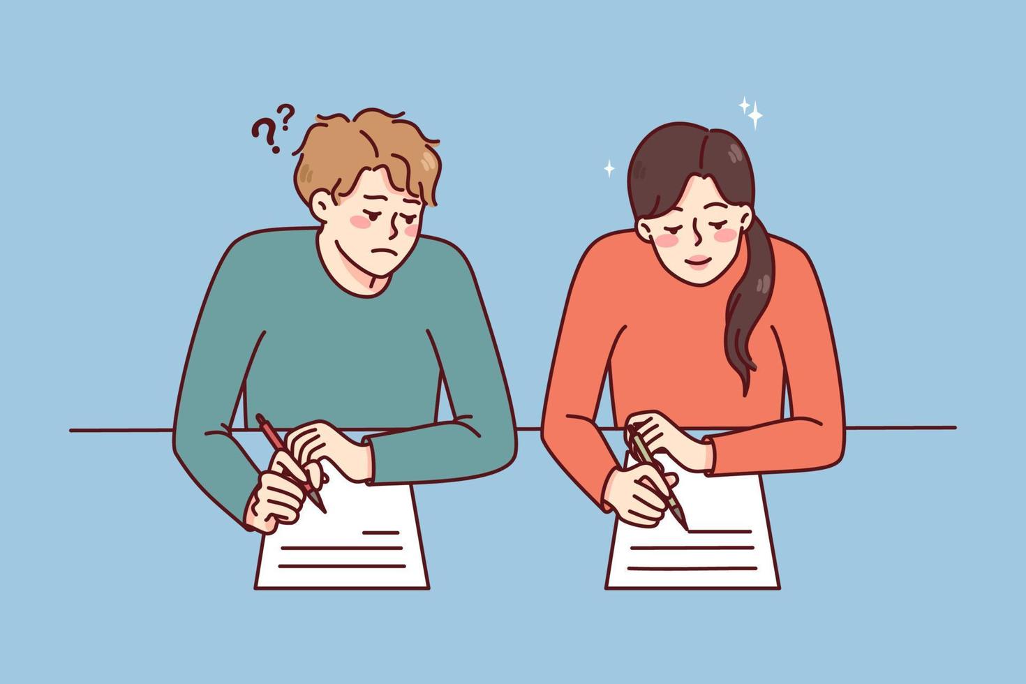 Boy cheating on school exam copy answers from female classmate. Schoolchildren with papers on examination during test. Flat vector illustration.