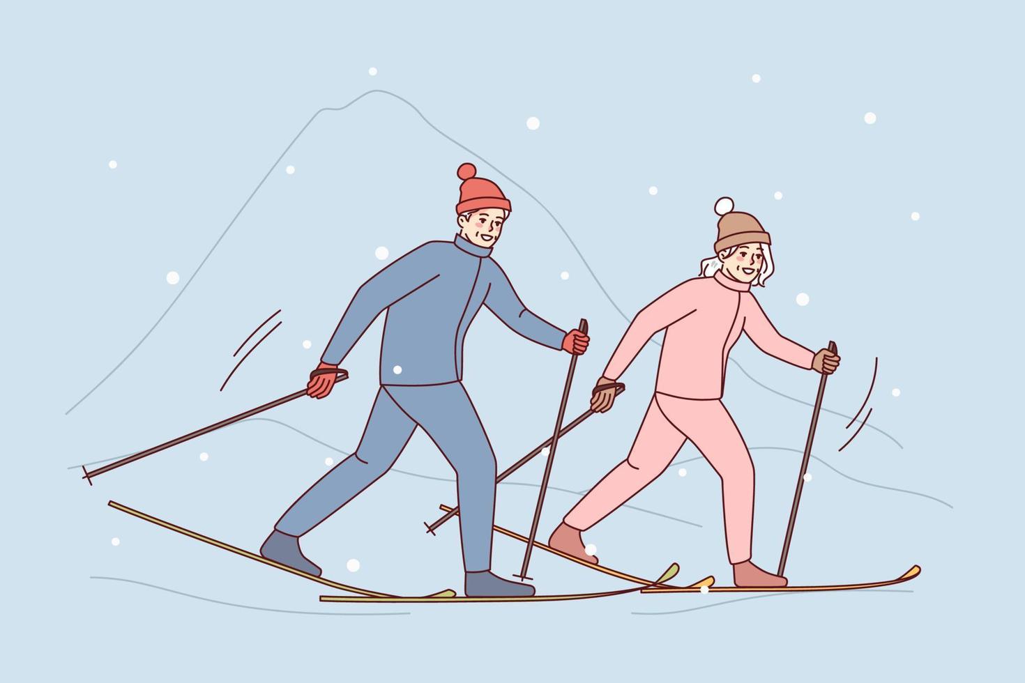 Happy couple in outerwear skiing in mountains. Man and woman enjoy winter vacations with sport activities. Vector illustration.