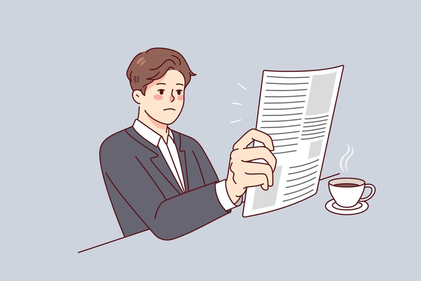 Businessman sitting at table drinking coffee reading newspaper in morning. Serious man in suit enjoy press magazine in office. Flat vector illustration.