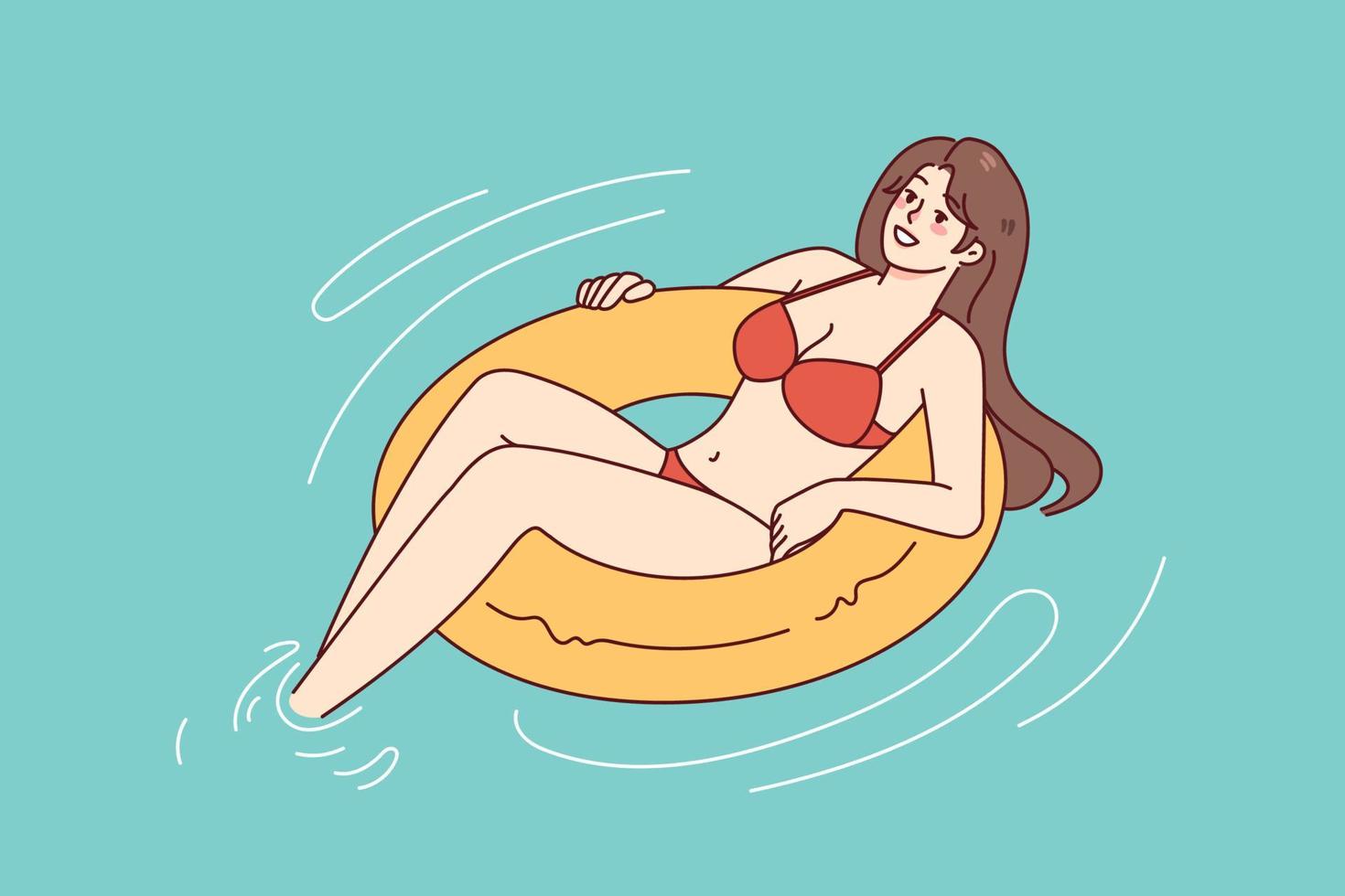 Happy woman in bikini on inflatable ring swimming in sea on summer vacation. Smiling girl enjoy holidays. Relaxation and recreation. Vector illustration.