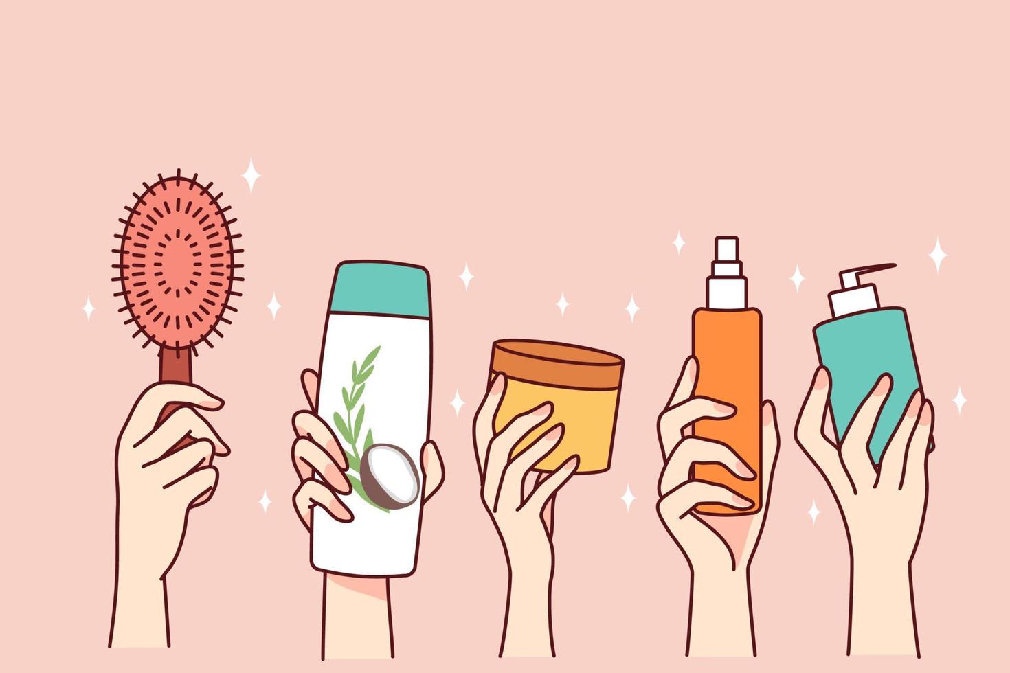 Hands holding bottles of cosmetic products. People recommend diverse beauty routine. Spa and cosmetology concept. Flat vector illustration.