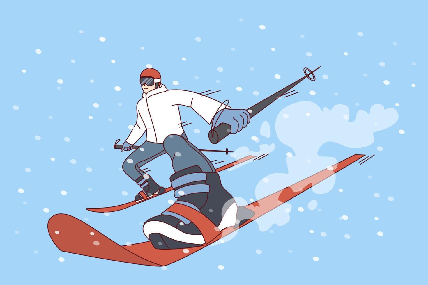 Man in outerwear skiing on snow hill on vacation. Excited person do active extreme winter sports on holidays. Flat vector illustration.