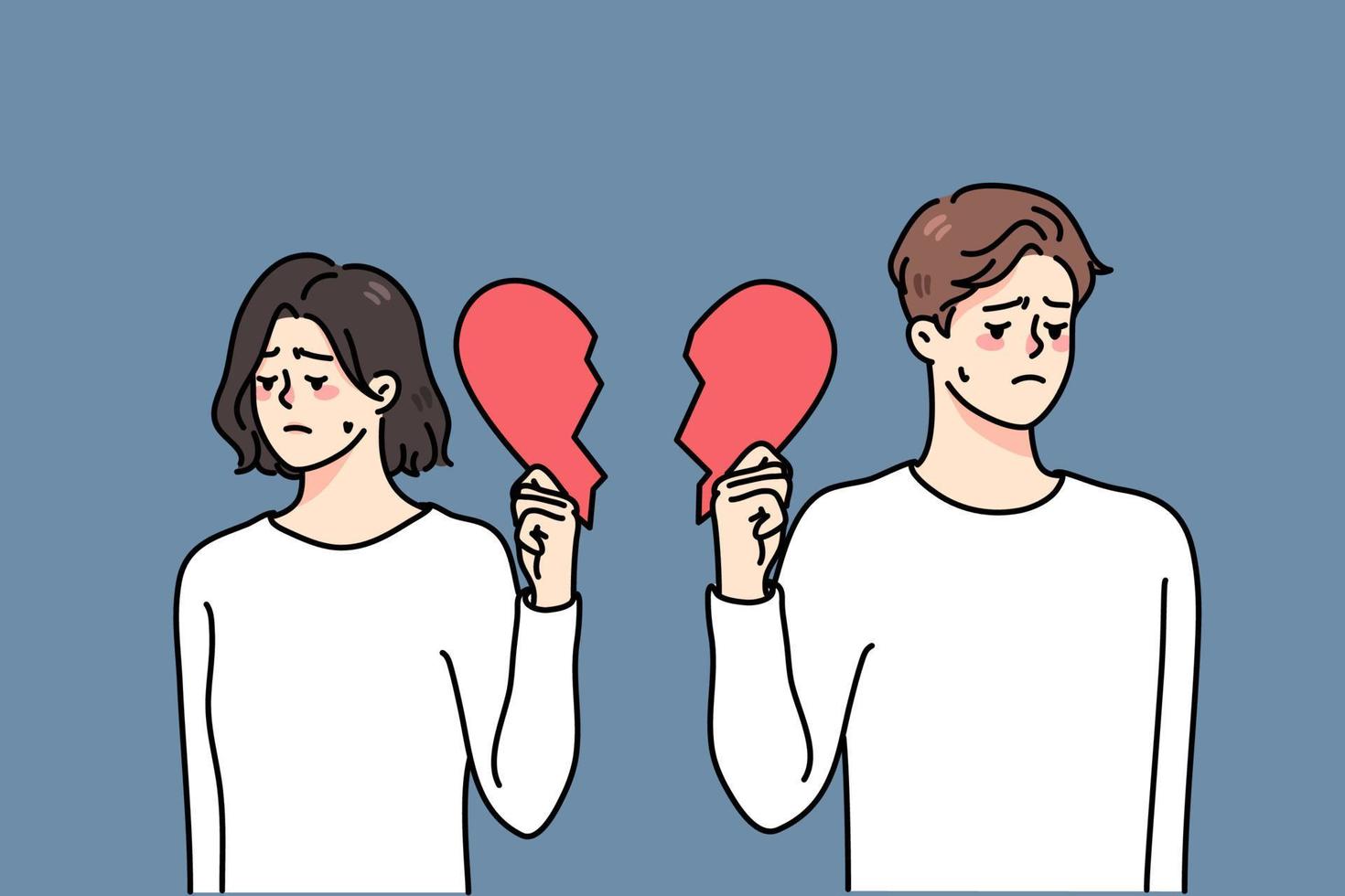 Unhappy couple holding pieces of broken heart suffer from breakup or divorce. Sad upset man and woman struggle with split or separation. Relationships over. Vector illustration.