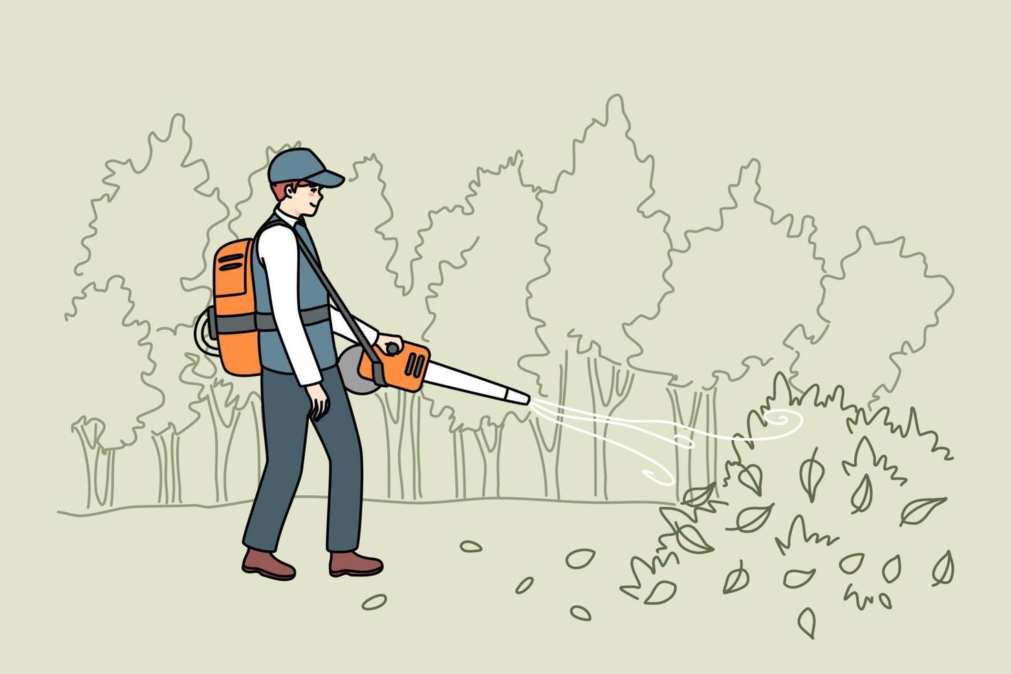 Male gardener in uniform collection leaves with handy vacuum. Man handyman working outdoors in autumn cleaning ground in garden on backyard. Flat vector illustration.