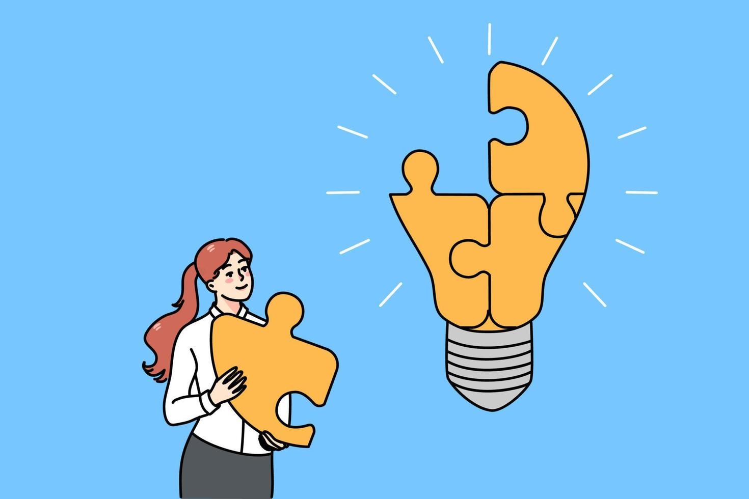 Motivated businesswoman finish lightbulb with jigsaw puzzle solve business problem. Happy woman brainstorm involved in creative thinking find solution. Vector illustration.