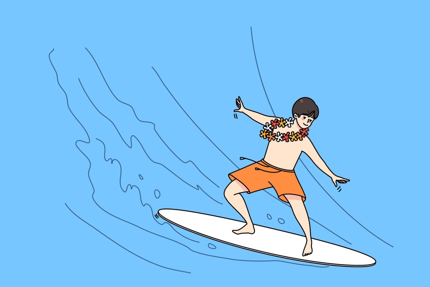 Happy boy child stand on surf board have fun on summer holidays. Active kid surfing on high waves on summertime vacations. Childhood activity. Vector illustration.