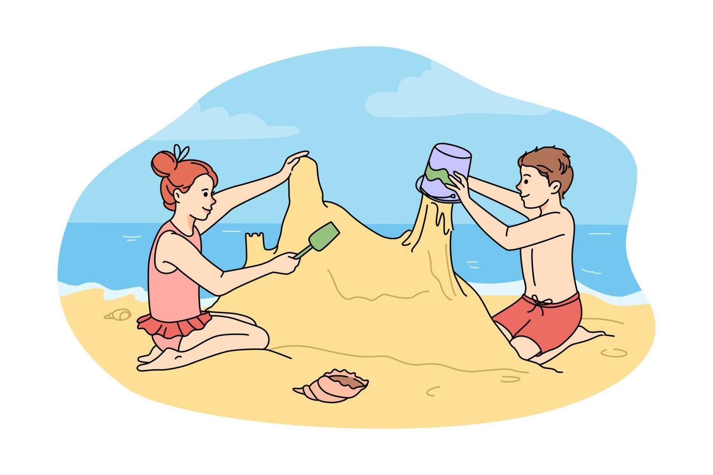 Happy children building sand castle on beach on summer holidays. Smiling little kids play with sandcastle enjoy summertime vacation on seacoast. Seaside fun concept. Vector illustration.