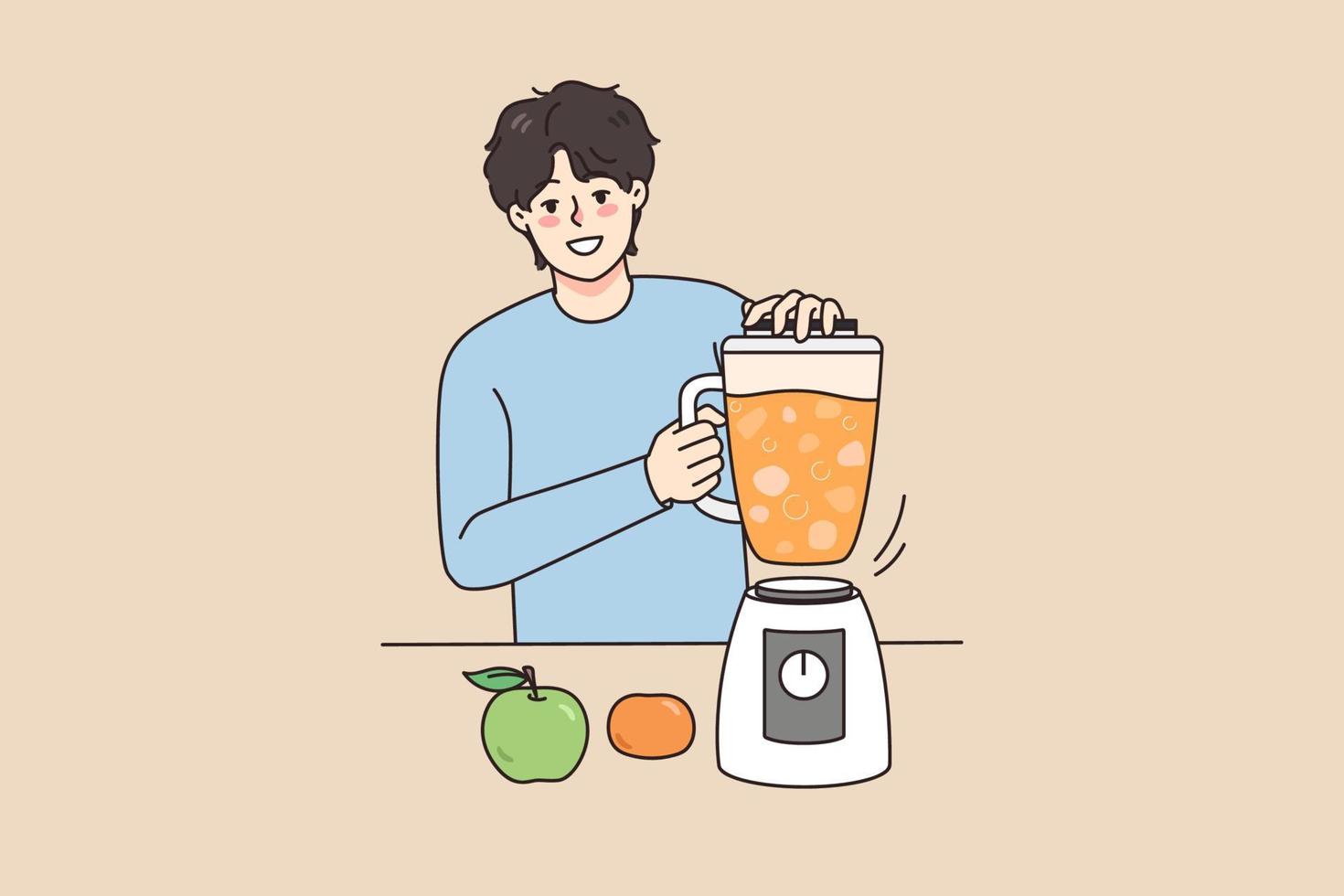 sonriente joven hombre hacer Fresco Fruta jugo en licuadora a hogar. contento chico bebida hecho en casa zalamero seguir sano estilo de vida. dieta y nutrición. vector ilustración.