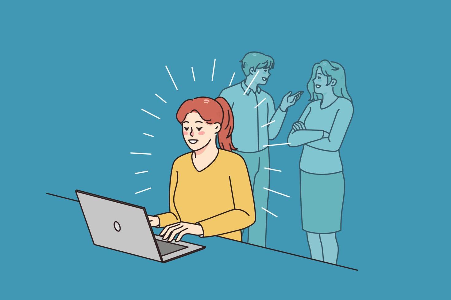 Happy young woman sit at desk work on computer distracted form colleagues talking in background. Smiling motivated female employee busy at laptop ignore social sounds. Vector illustration.