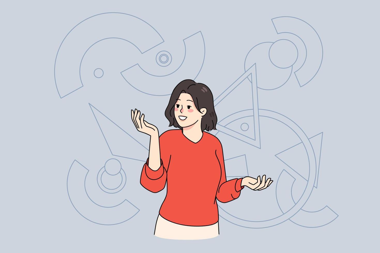 Smiling businesswoman surrounded by various geometric figures and shapes. Female employee work with abstract data and charts. Information analysis concept. Flat vector illustration.