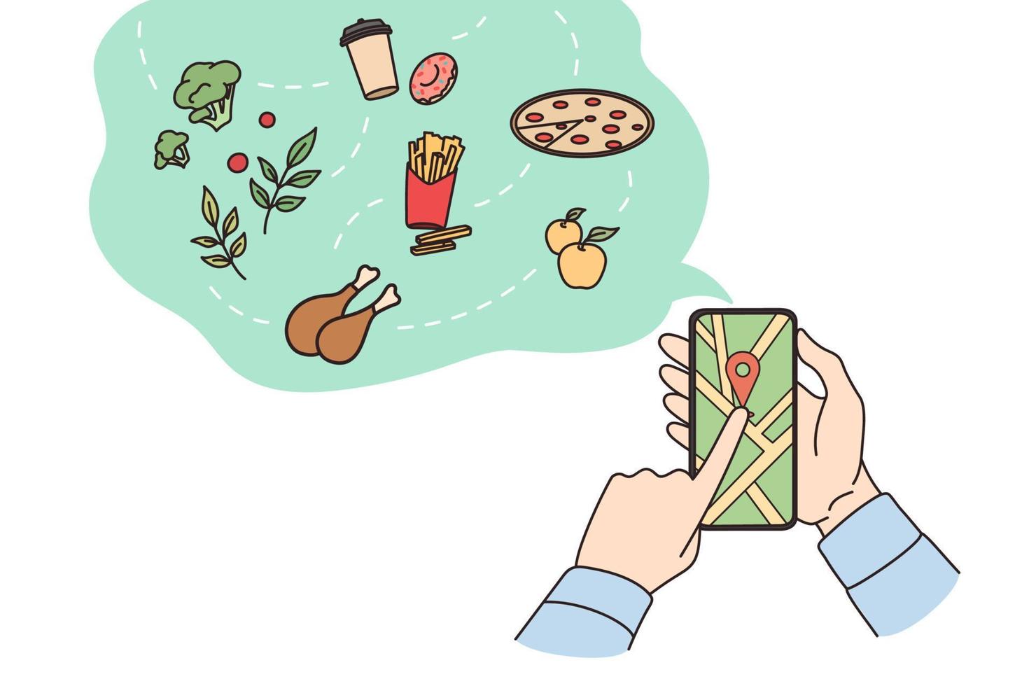 Person hold cellphone order food or products online on gadget. Man use smartphone for fast dish delivery from restaurant or cafe. Good deliver service on mobile app. Flat vector illustration.