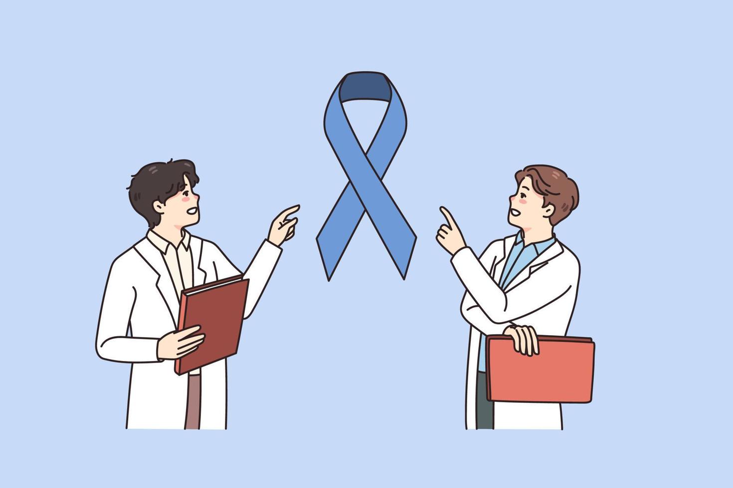 masculino doctores discutir cáncer diagnóstico subir conciencia a muerte enfermedad. hombres médico profesionales cerca enorme azul cinta para oncología enfermedad. cuidado de la salud y medicamento. vector ilustración.