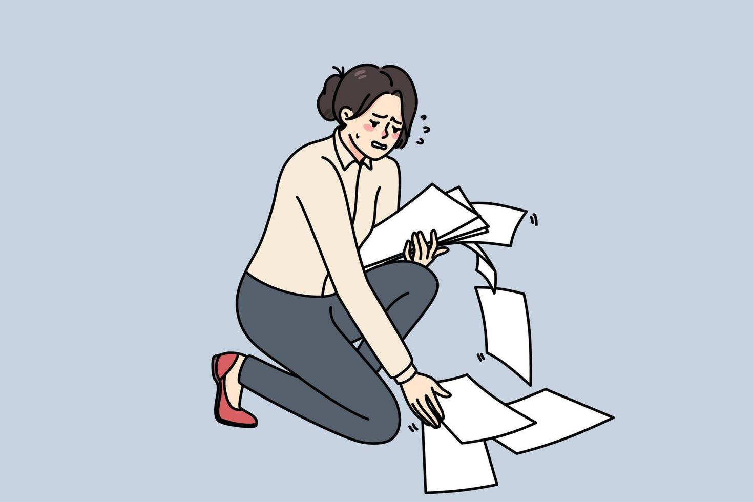 Unhappy businesswoman crying collect scattered on floor papers. Upset stressed clumsy woman gather dropped documents or paperwork, clean mess at workplace. Vector illustration.