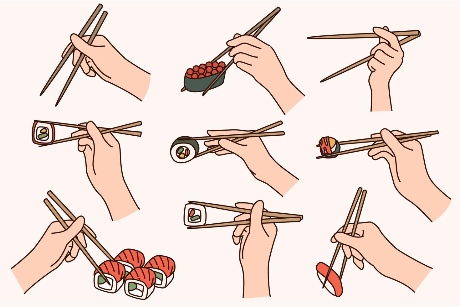 Collection of people hold chopsticks eating sushi. Set of persons enjoy traditional Japanese food. Japan cuisine culture and tradition. Flat vector illustration.