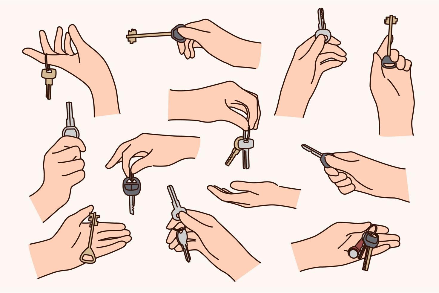 Set of people hands holding keys to new apartment or car. Collection of person owners celebrate possession. Concept of ownership. Rental and realty. Vector illustration.