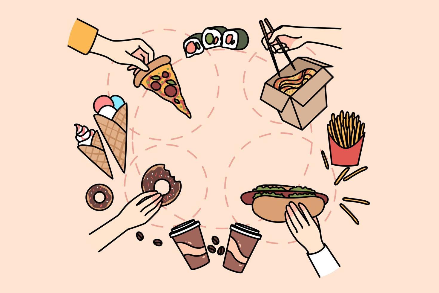 parte superior ver de personas comiendo varios tipos de rápido alimento. persona teniendo comida rápida comidas, disfrutar pizza, Hot dog, Sushi y rosquilla. insalubre comiendo hábito, nutrición problema. vector ilustración.