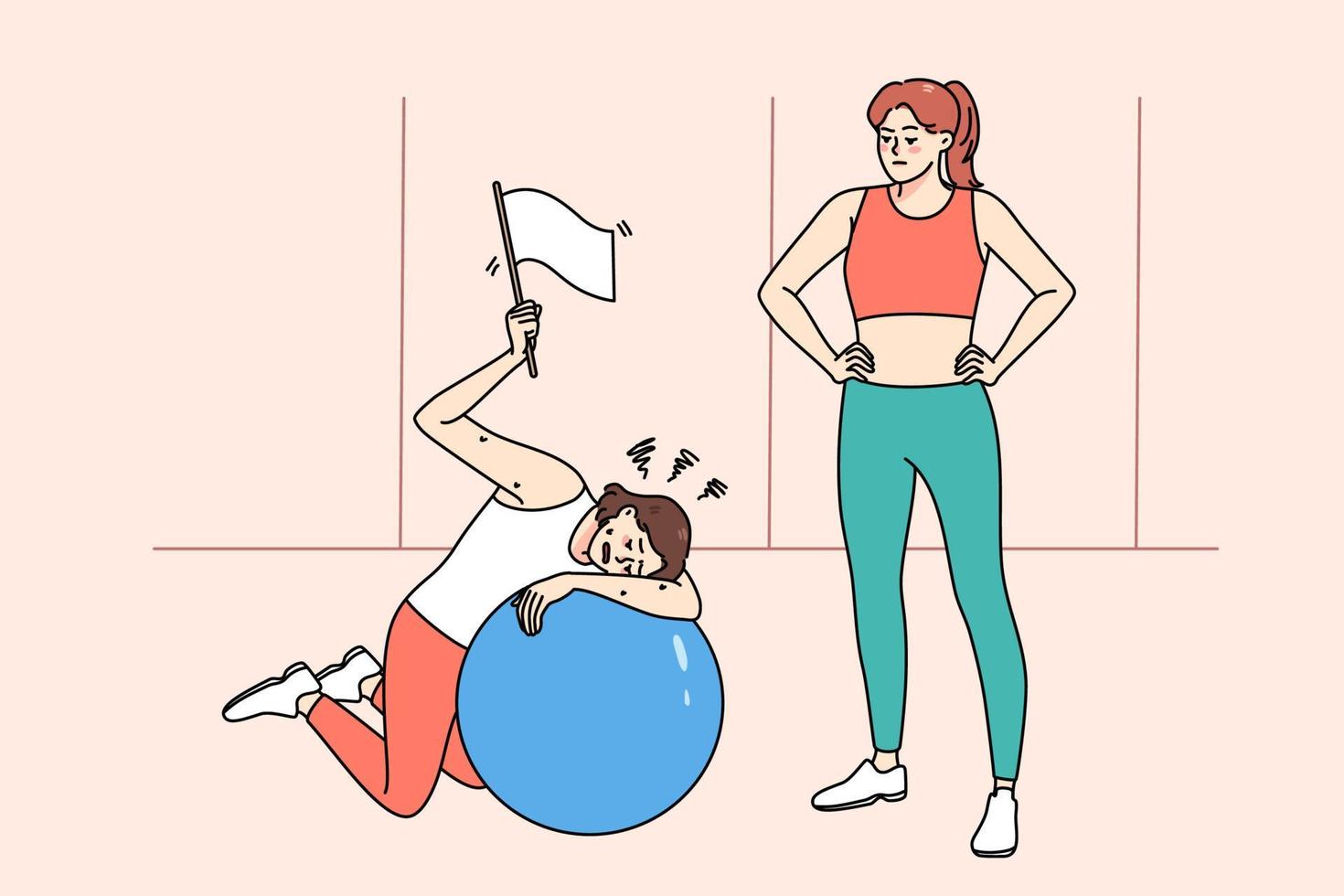 Tired woman rest lying on fitness ball after workout with personal trainer in sports club. Exhausted girl show white flag feel fatigue and weakness at sport training in gym. Sporty lifestyle. vector