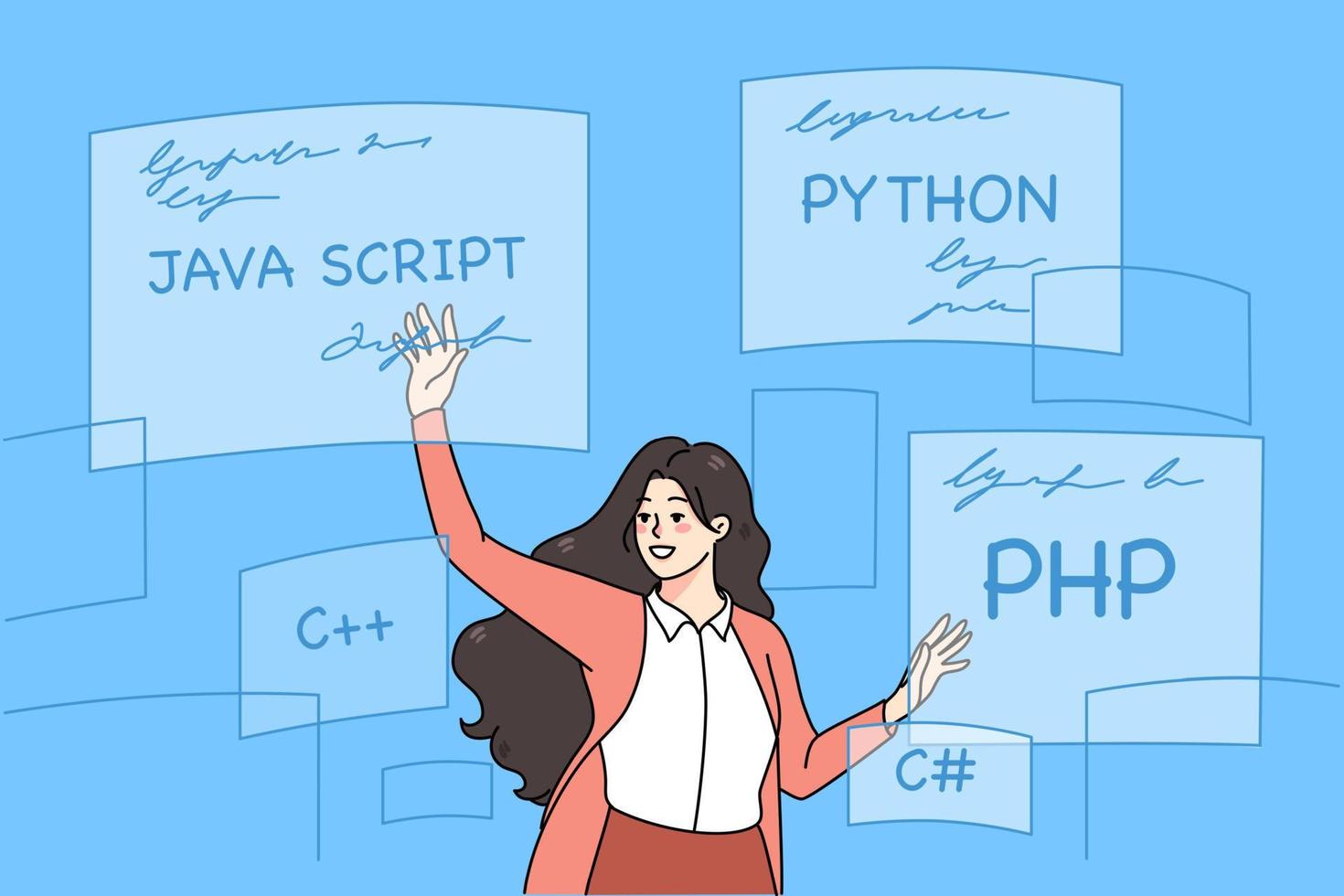 Successful woman coder with scripts programming. Smiling millennial girl write codes for Python, PHP and C plus computer languages. Software and coding concept. Flat vector illustration.