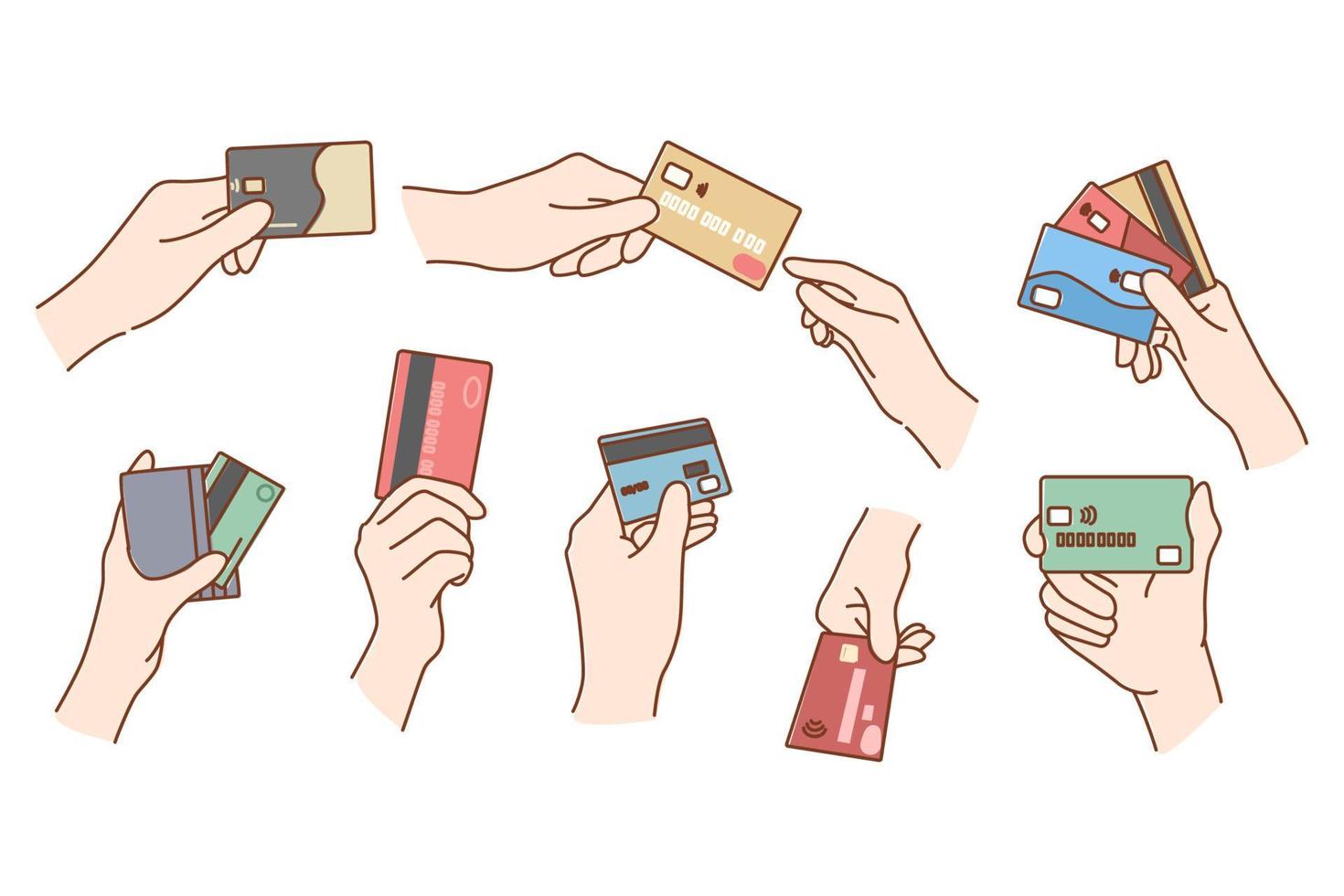 Collection of diverse people hold credit or debit cards for online payment. Set of men or women use internet banking service buy or pay on internet. Transaction concept. Vector illustration.