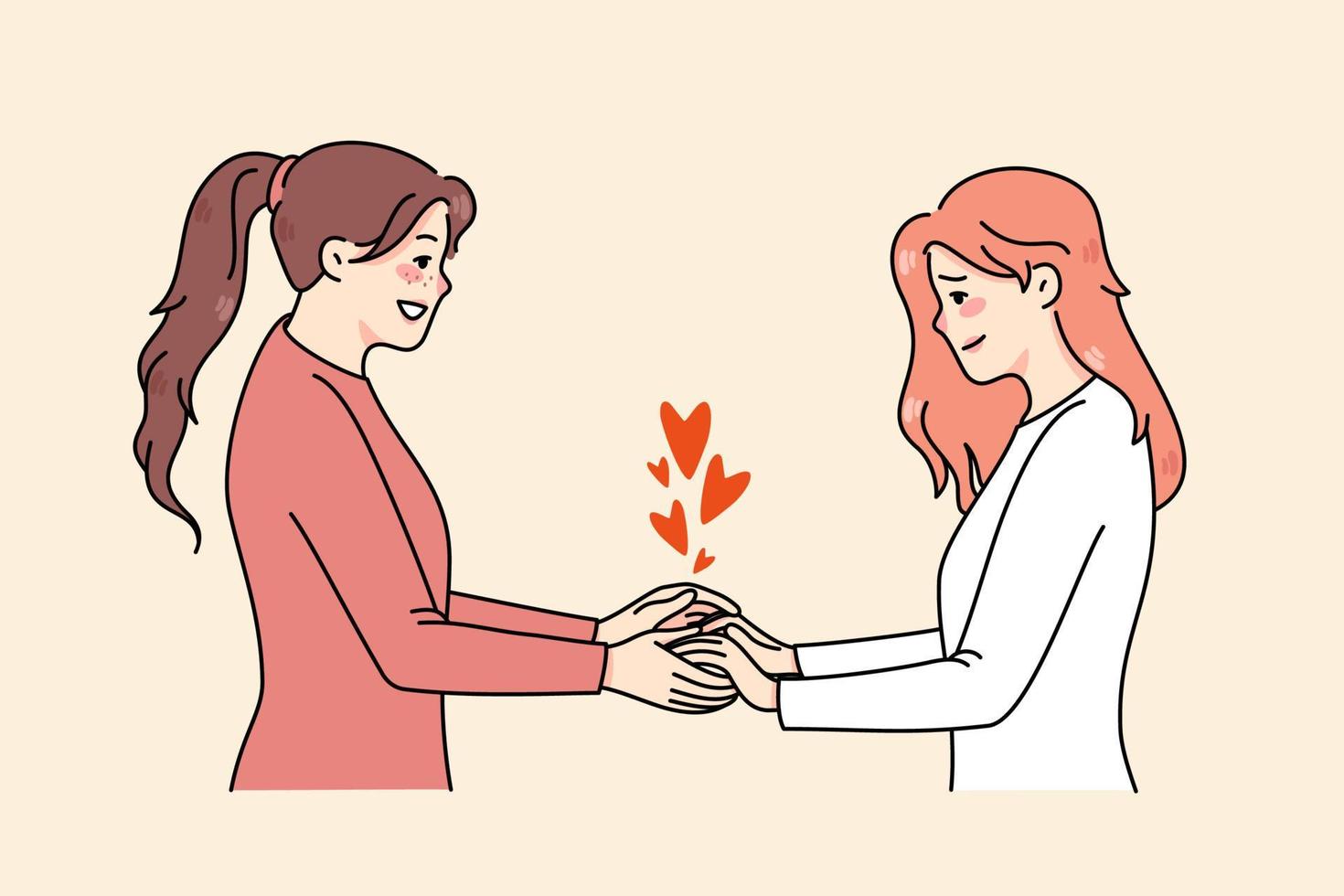 Happy young women touch hands share love and care in friend relationships. Concept of international human solidarity day. Charity and volunteer, good help. Flat vector illustration.
